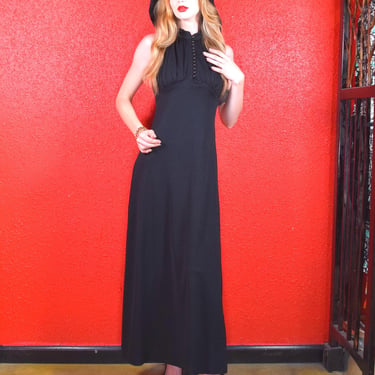 1970s Hooded Black Maxi Dress by Darling Debs 