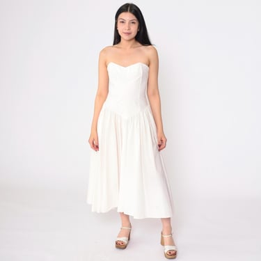 Vintage 80s Strapless Dress White Pink Sundress Sweetheart Neckline Smocked Back Cotton Dress Midi 1980s Sun Summer Basque Waist Small s 