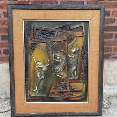 MID CENTURY SIGNED BRUTALIST MIXED MEDIA PAINTING W/WOODEN FRAME, MATTING AND BRASS TRIM | 36"H X 30"W