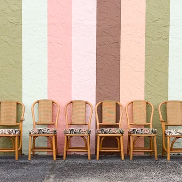 Set of Six Old Florida Rattan Dining Chairs