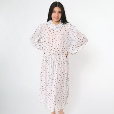 Vintage White Polka Dot Dress 80s Semi-Sheer Puff Sleeve Midi Dress Ruffle Collar 1980s High Waist Slouchy Blouson 1980s Secretary Medium M 