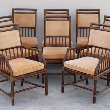 Eight 8 Authentic Iconic Marked McGuire Craftsman Style Dining Chairs Stick Deck Rawhide 