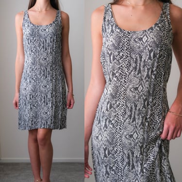 Vintage 90s BETSEY JOHNSON Black & White Snake Print Mini Dress | 100% Rayon | Streetwear Chic | 1990s Designer Grunge Era Mini Dress 