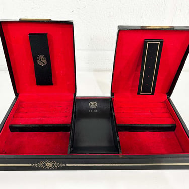Vintage Shields Men's Jewelry Box Art Deco Velvet Cufflinks Case Black Red Clamshell Tie Clip Storage 1960s Valet Dresser Organizer 