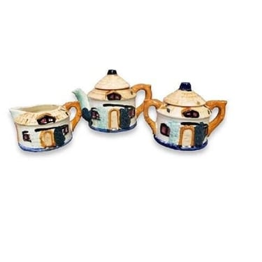 Vintage Japan Cottage Ware Tea Set, Thatched House Teapot Sugar Creamer 
