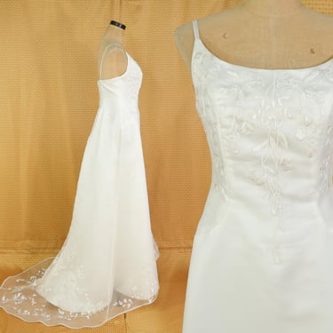 1990s White Beaded Evening Gown | Vintage White Satin Beaded Formal, Small 