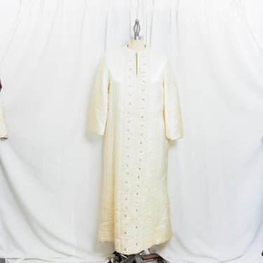 60s Ivory Quilted Satin Bridal Lounge Dress Vintage 1960s Quilt Embroidered Wedding Dress 