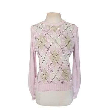 Vintage 1980s Burberrys Sweater Pink Argyle Plaid Preppy Made in Scotland 