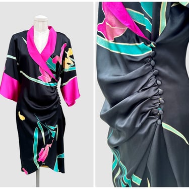 FLORA KUNG 80s Vintage Silk Wrap Dress | 1980s Abstract Flowy Floral Print Kimono Dress | Made in Korea | Size Small 