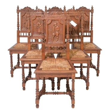 Antique Chairs, Breton, Dining, Side, Set of 6, Style Carved, Oak, 1900s!