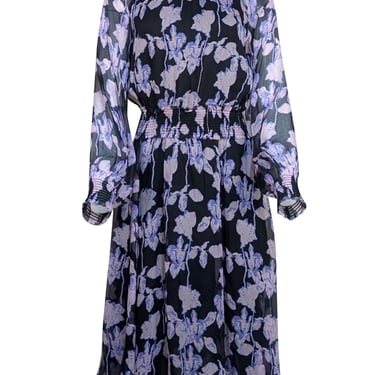 Diane von Furstenberg - Black w/ Purple Floral Print Long Sleeve Midi Dress Sz S