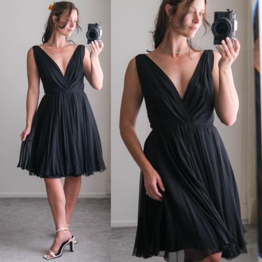 Vintage 40s CEIL CHAPMAN Black Layered Silk Chiffon Classic Mid-Century A-Line Party Cocktail Dress | 1940s Designer Hollywood Dress 