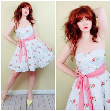 Y2K Betsey Johnson Taffeta Rose Embroidered Strapless Cupcake Dress / XS - Small 