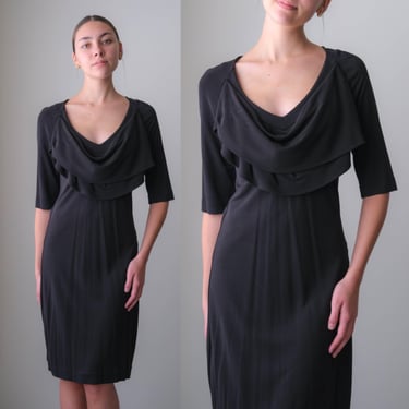 Vintage 90s ESCADA Black Shawl Collar Stretch Rayon Short Sleeve Midi Dress | LBD | 1990s Designer Little Black Dress 
