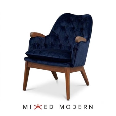 Refinished Petite Walnut Blue Velvet Lounge Chair by Adrian Pearsall 