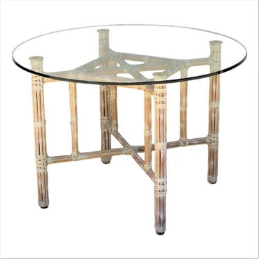 Authentic McGuire Natural Bamboo Rattan Dining Table Base Brass Caps Round Glass Top 