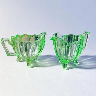 Vintage Uranium Glass Creamer Sugar Set Vaseline Glass Art Deco Green Glass 