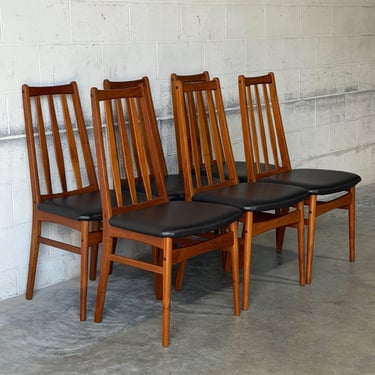 Teak Slat Back Dining Chairs Set of 6 in Black Upholstery Danish Mid-Century Modern 1970s 