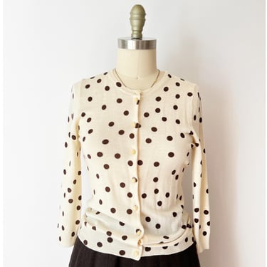 Cocoa Dot Cardigan • Size S • J.Crew Cream Brown Polka Dot 100% Wool Sweater 