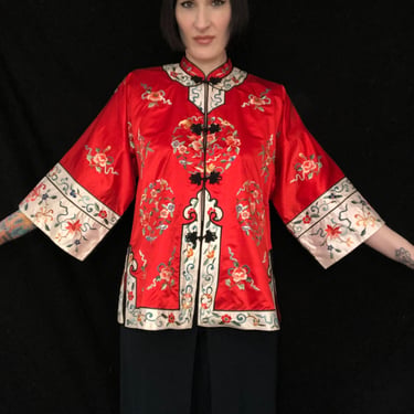 Antique Style Vintage 1960's Red Silk Floral Embroidered Jacket Blouse Duster Kimono w/ Frog Closures - size Small Medium Large 