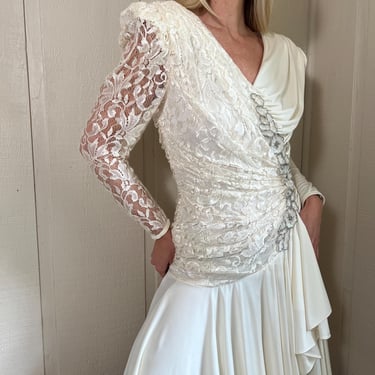 Vtg 80s Lace Bridal Dress, Vintage White Ruffled Lace Dress with Sequins, Fitted Bustier Corset Day Dress, White Dress with Lace 