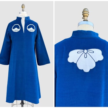 WHITE DUCK SEASHELL Applique 80s Tunic Dress | 1980s Hippie Boho | Handmade in Berkeley | Asian Cheongsam Inspired | Size Medium 