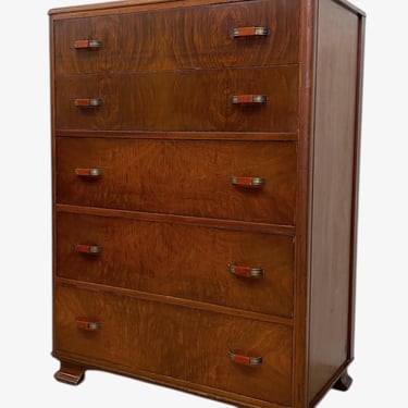 Free shipping within continental US - Vintage Art Deco Highboy Dresser with Waterfall Front and Bakelite Style Handles 