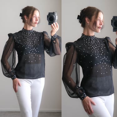 Vintage 80s DAVID HAYES Black Sheer Chiffon Rhinestone Studded Poof Sleeve Blouse | Made in USA | 1980s Designer Romantic Evening Blouse 