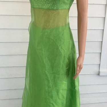 Green Formal Prom Dress 2000 Y2K McClintock Gunne Sax Long Sheer Open Back Holiday 