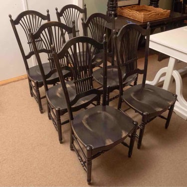 Set Of 6  Distressed Black Finish  Fan Back  Dining Chairs