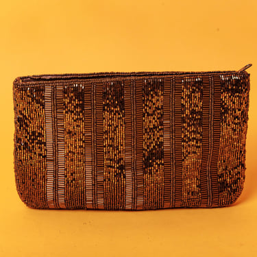 80s Bronze Brown Beaded Zipper Top Clutch Vintage Striped Seed Bead Evening Party Purse 
