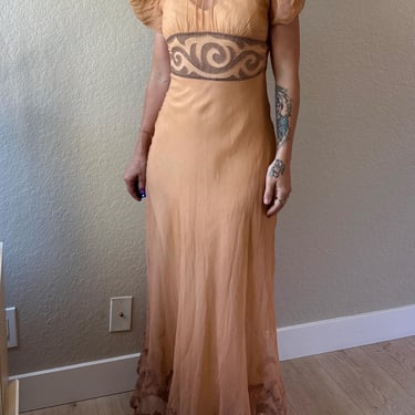 1920s Organza Dress Antique Organza Gown 1920s Peach Sheer Organza Dress 1920s Cap Sleeved Dress 