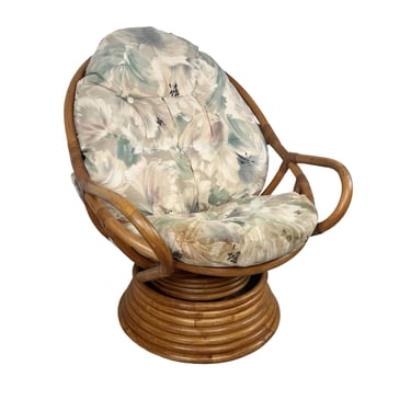 Vintage Rattan Swivel Rocker Chair | 1970s Boho Floral Cushion Lounge Chair 