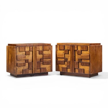 Lane Staccato Mid Century Brutalist Walnut Nightstands - Pair - mcm 