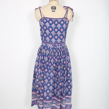 70s Vintage Adini Dress Blue Indian Floral Block Print Sundress Vintage Dress Hippie Hippy Summer Boho Bohemian 