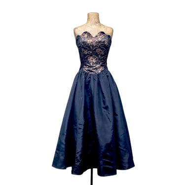 Vintage 1980s Gunne Sax Strapless Party Dress, Black/Copper Brocade/Taffeta Prom Dress, Drop-Waist Formal Midi Frock, Small 34