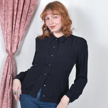Vintage 1990s Blouse / 90s Betsey Johnson Crepe Button Up Blouse / Black ( S M ) 
