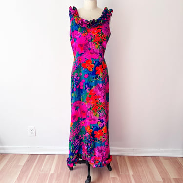 SIZE L/XL Sun Fashions of Hawaii Dress - 60s Floral Maxi Dress Blue Large Hawaiian Tropical Floral - Barkcloth Long Boat Tiki Size 18 