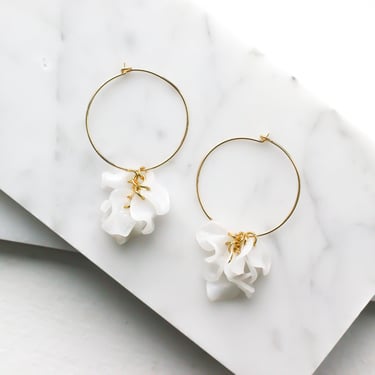 Long Gold Hoop Earrings - Gold Flower Hoop Earring - White Hoop Earrings - Plastic Hoop Earrings - Thin Hoop Earrings 