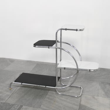 Vintage Emile Guyot Thonet Mundus Tubular Chrome Decor Painted Glass Shelves Streamline Art Deco Czech Functionalism Bauhaus Plant Stand 