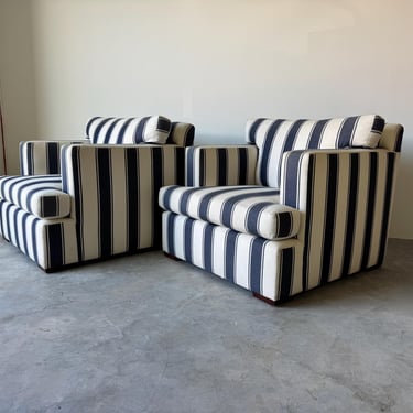 Ralph Lauren Striped Upholstered Arm Lounge Chairs – Pair 