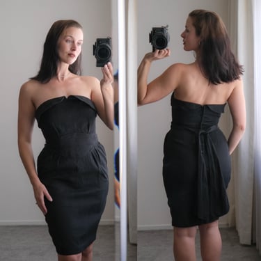 Vintage 90s THIERRY MUGLER Black Pigment Washed Cotton Micro Corduroy Buttoned Strapless Dress | Made in Italy | 1980s 1990s Designer Dress 