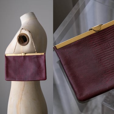 Vintage 1960s ETRA Oxblood Lizard Leather Embossed Evening Clutch Purse | Gold Shoulder Strap | Mid Century Italian Designer bag | Cocktail 