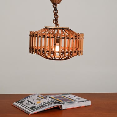 1970s Bamboo Rattan Pendant Lamp, Handwoven Scandinavian Style Ceiling Light, Natural Fiber Lighting 