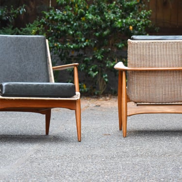 Restored pair of Lawrence Peabody wicker mid-century lounge chairs, circa 1960s 