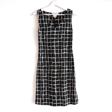 vintage DRESS 1980s midi check pattern BLACK & white plaid -- size medium -- made in the U.S.A 
