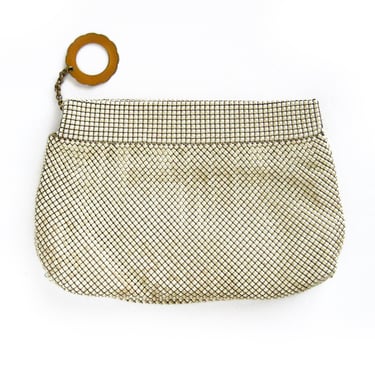1960s Vintage Whiting and Davis Mesh Clutch / Ivory Metal Mesh with Flower Zipper Pull / Designer Evening Bag / Small Purse / Bride Bag 