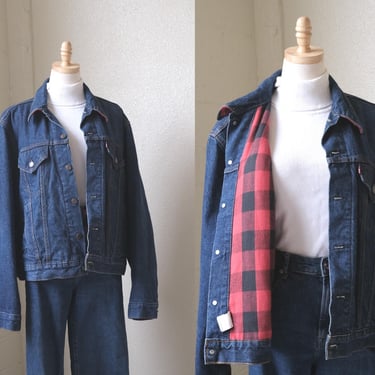 80s Levi Strauss Denim Trucker Jacket with Red Flannel Lining Size XL 