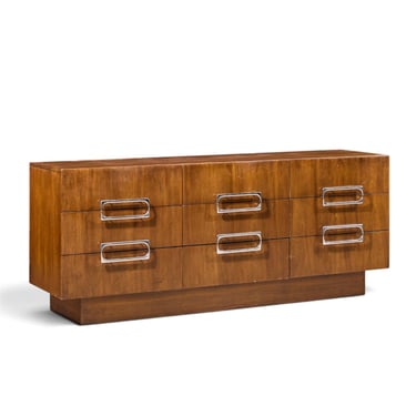 Craft Associates Mid Century Walnut and Chrome 9 Drawer Lowboy Dresser - mcm 