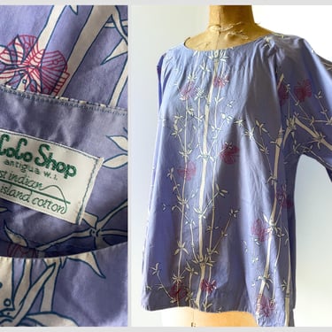Vintage 80’s CoCo Shop Antiqua West Indies lavender swing top | sea island cotton, bamboo & butterflies screenprint, M/L 